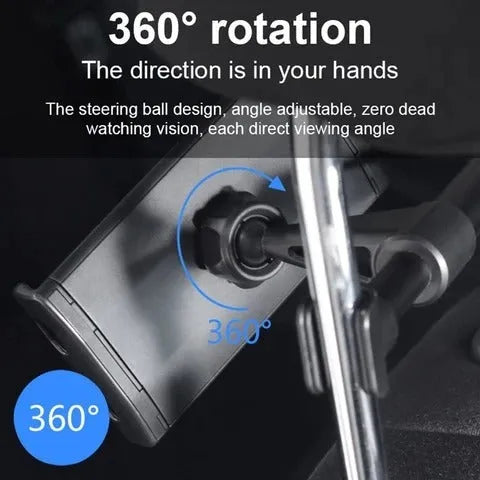 Black universal car phone holder mounted on car rear seat base with tablet in cradle