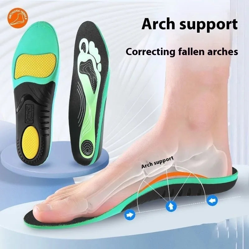 Blue and green flat foot correction PU foam insoles showing arch support pad, with universal size markers.