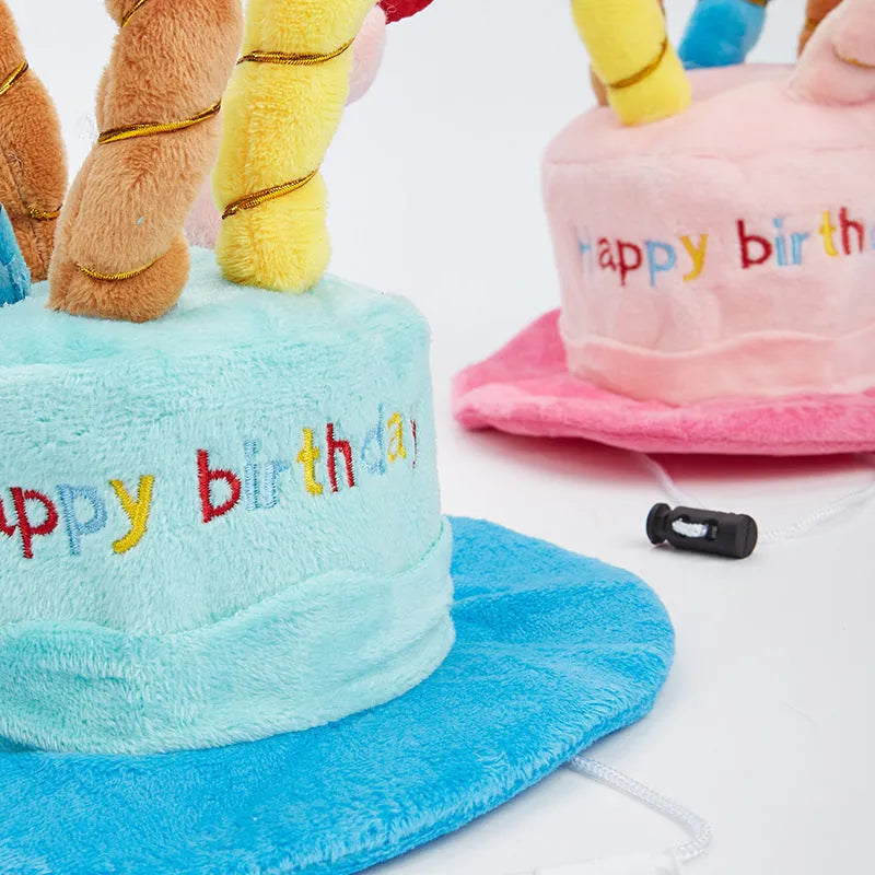 Blue and pink birthday hat for small dogs measuring 21cm wide by 15cm tall
