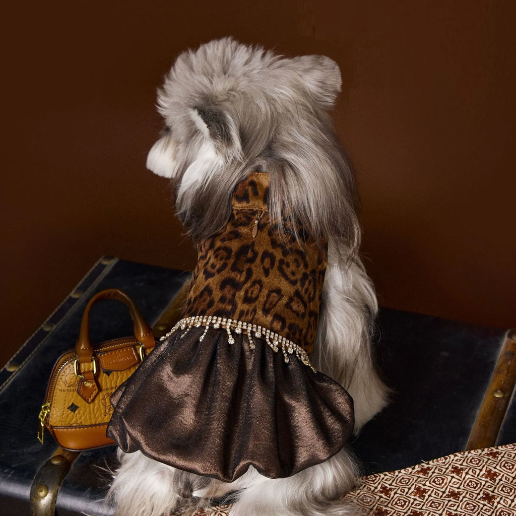 Leopard print polyester dog dress in skirt style, available in sizes XS to XXL for casual autumn pet wear
