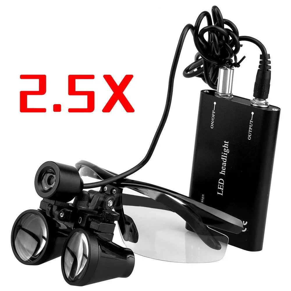 Black head-mounted dental magnifying glass with LED light and adjustable working distance