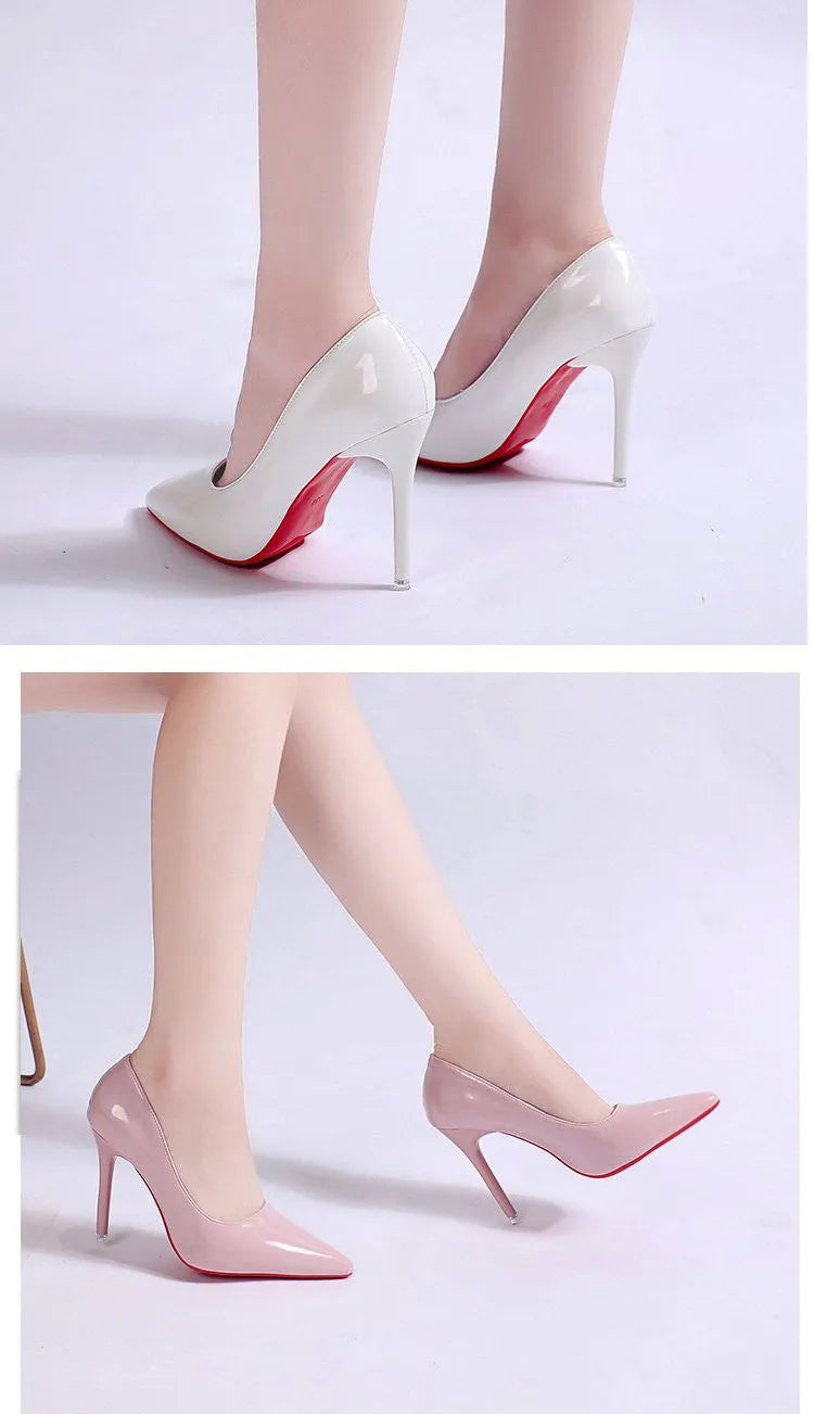 Women's solid colour stiletto heel pumps with a pointed toe and shallow mouth design on a white background.
