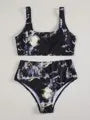 Women's high waist marble tie-dye bikini with U-neck top and separate swimwear pieces
