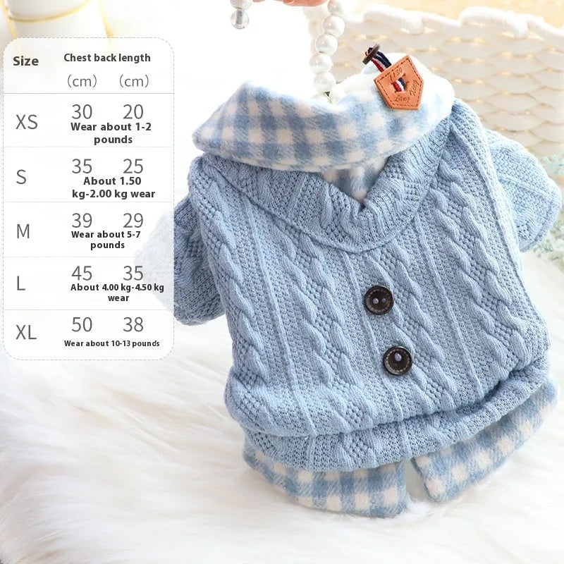 Blue plaid fleece-lined cotton dog sweater jacket on small breed dog
