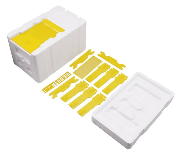 Three white EPS foam bee breeding boxes for beehive tool storage and organisation