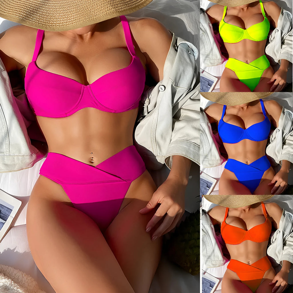 Solid colour women's bikini swimsuit on a hanger, showing briefs style and sleeveless design.