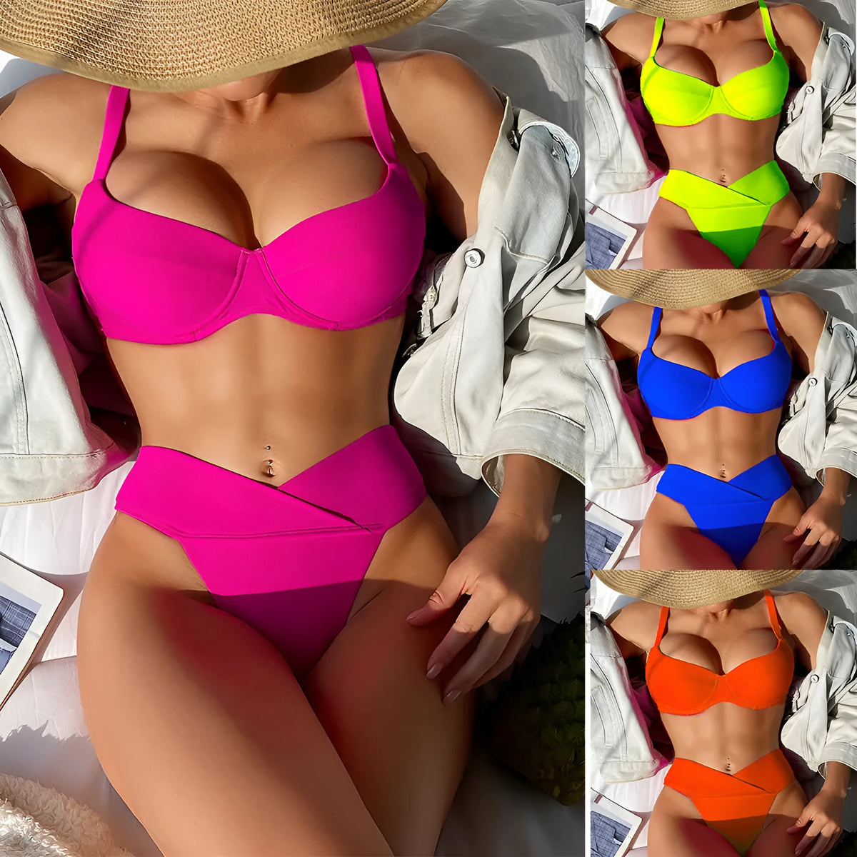 Solid colour women's bikini swimsuit on a hanger, showing briefs style and sleeveless design.