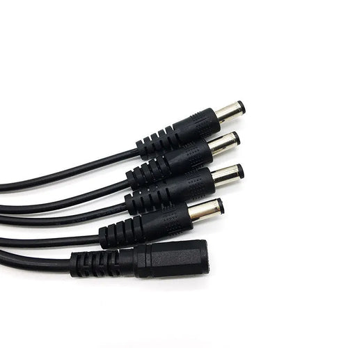 Black DC 1-to-4 monitoring power cord with 5.5mm connectors for CCTV security systems