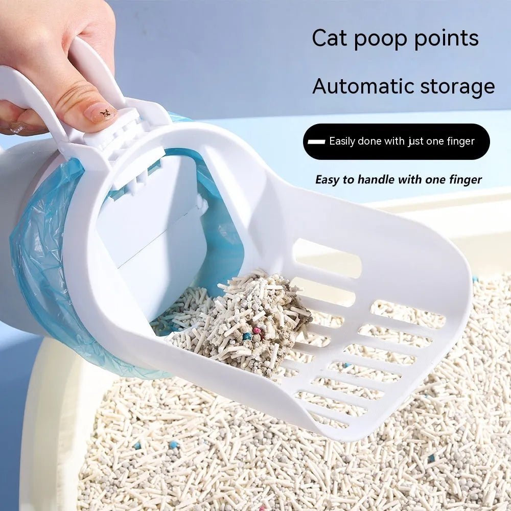 Grey, blue, and green cat litter scoop with integrated waste bin and sheltered lid.