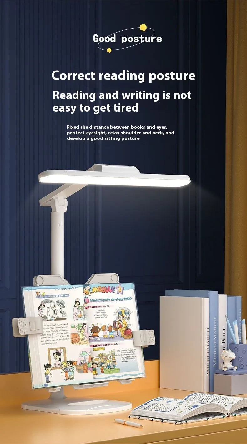 Adjustable LED desk lamp with bookshelf design for reading and study tasks