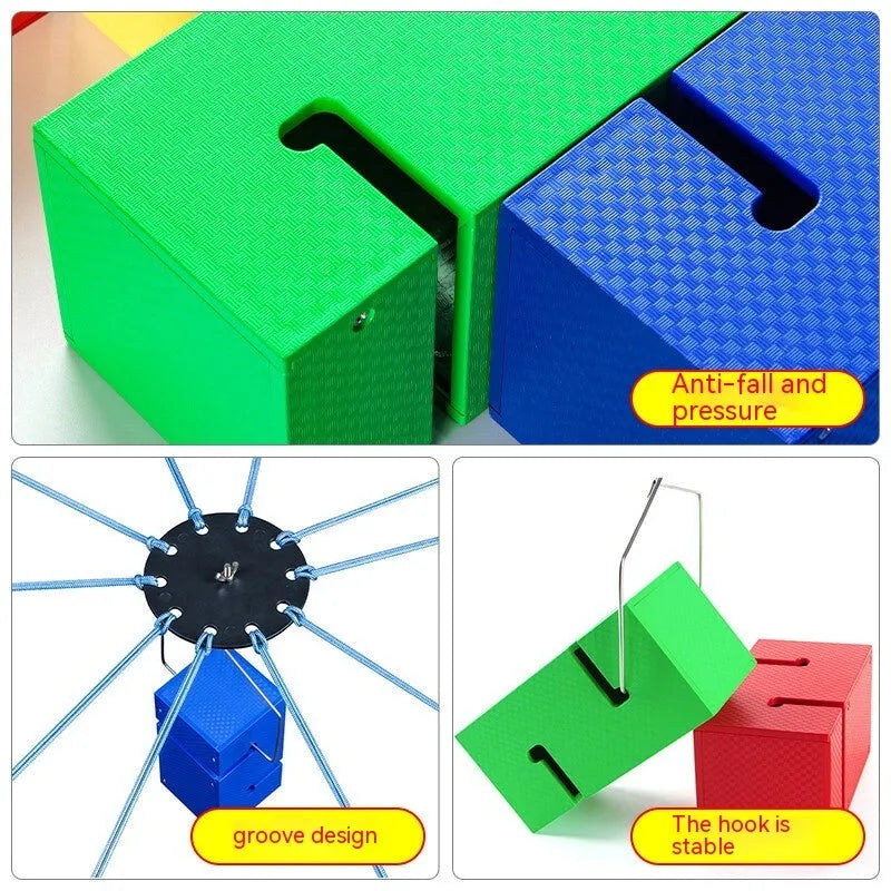 ABS plastic team building tower construction set with pull ropes and interlocking blocks in multiple colours