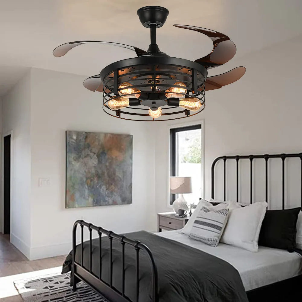 Industrial-style 42-inch ceiling fan lamp with invisible acrylic blades and integrated light shade
