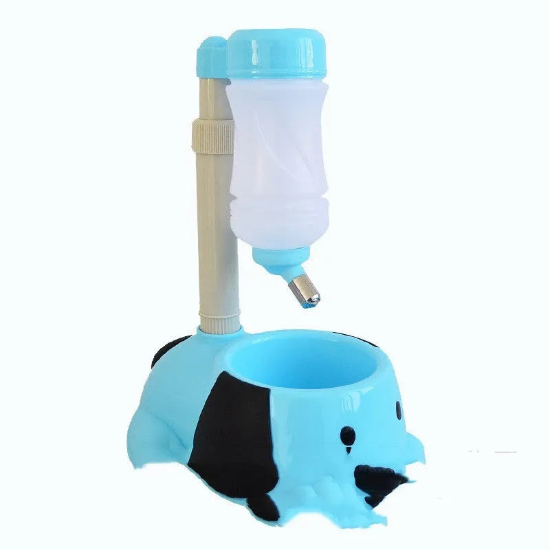 Adjustable height pet drinking bowl with rod lifting mechanism in blue colour