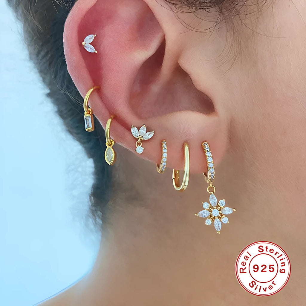 S925 sterling silver snowflake pendant earrings with gemstone inlay in yellow gold or white gold colour options