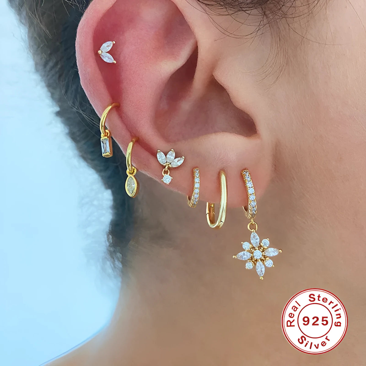 S925 sterling silver snowflake pendant earrings with gemstone inlay in yellow gold or white gold colour options