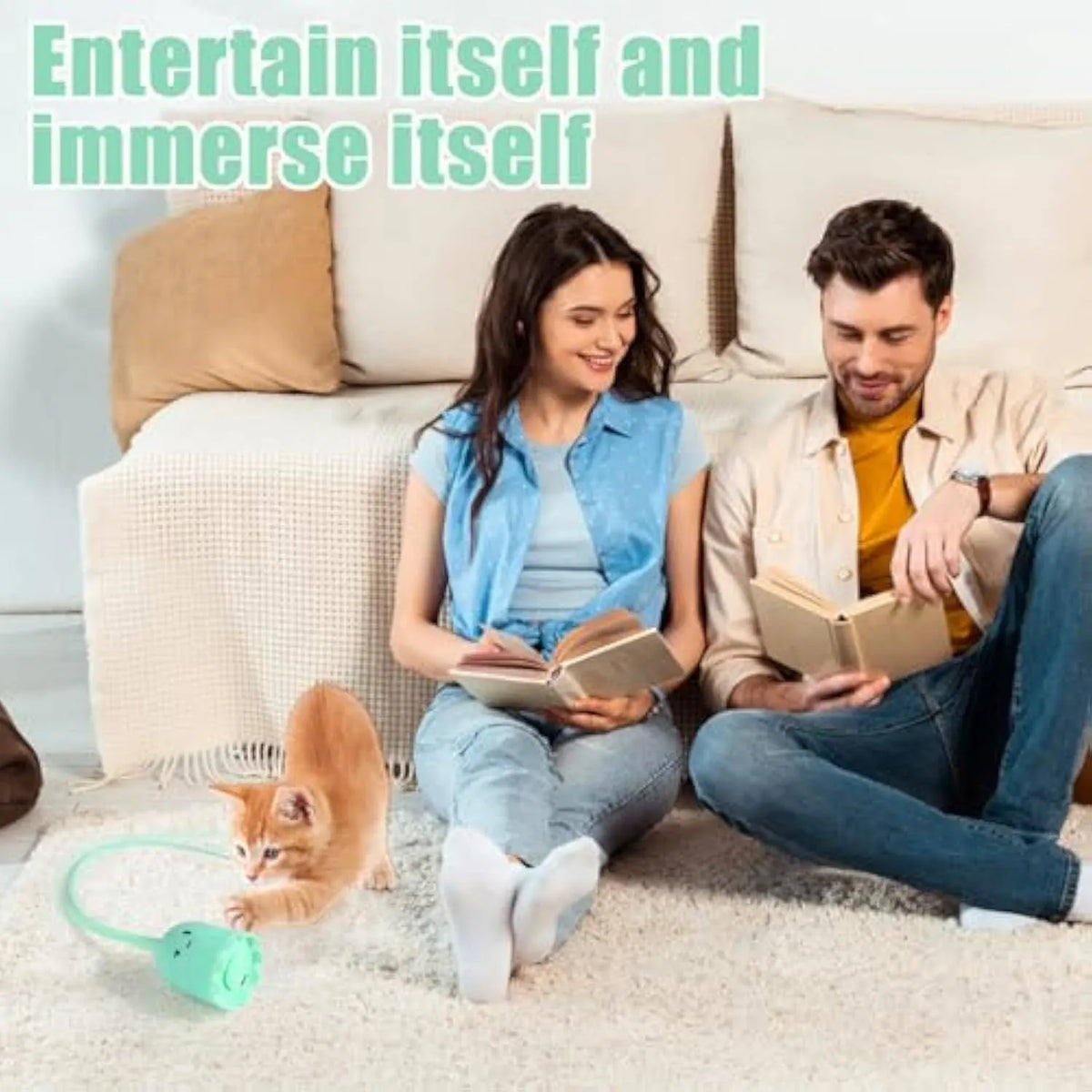 Green automatic cat toy with swinging silicone tails on a wooden floor.