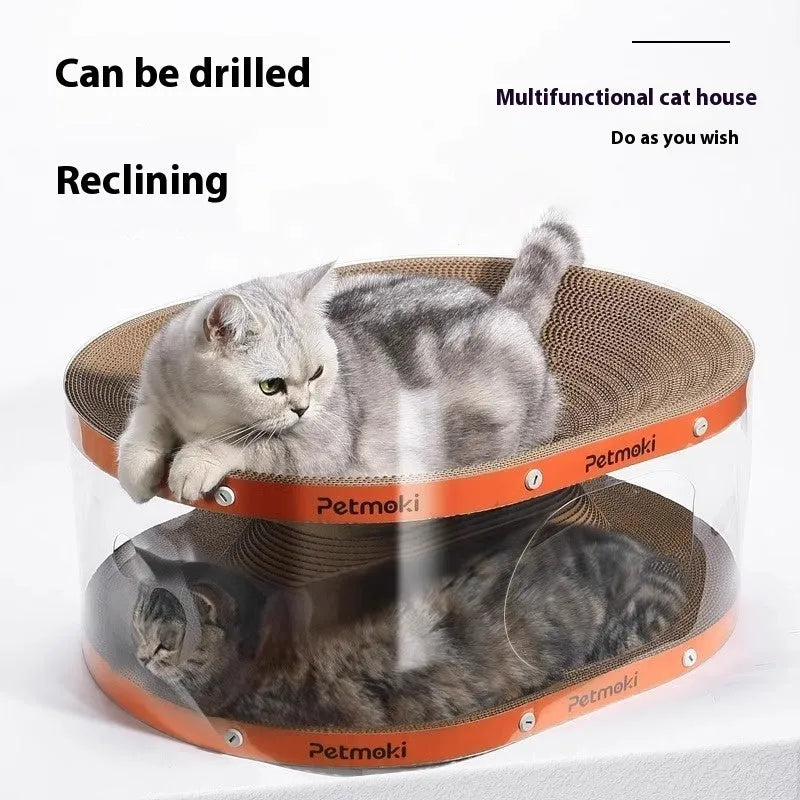 Transparent white diamond pattern cat scratch board and nest tunnel toy measuring 58x45x23cm