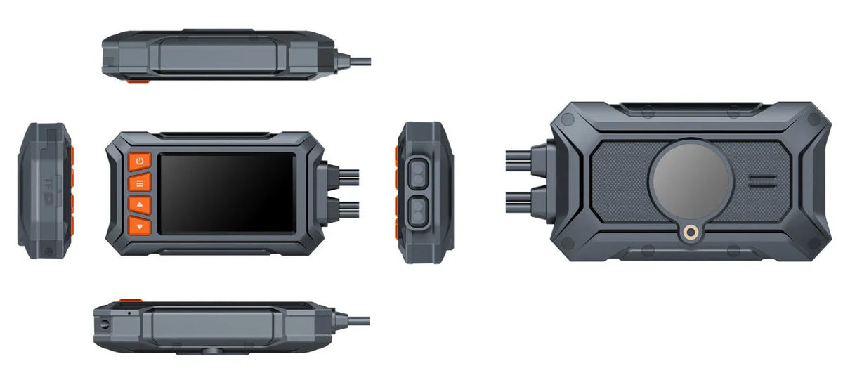 Motorcycle dash camera with dual lenses and GPS module mounted on handlebars