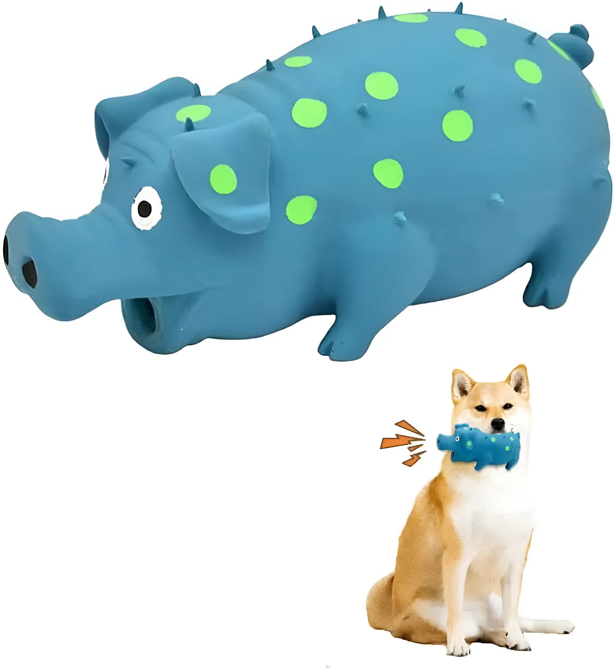 Pig-shaped latex dog chew toy in assorted colours with squeaker and textured surface