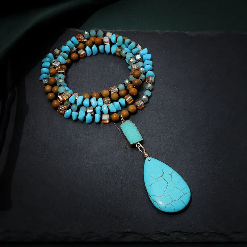 Turquoise big water drop imitation mineral pendant fashion necklace with ball bead chain