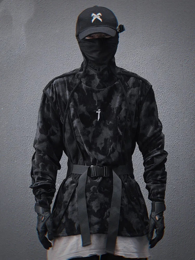 Men's tie dye printed turtleneck sweater with drop-shoulder sleeves in black colour