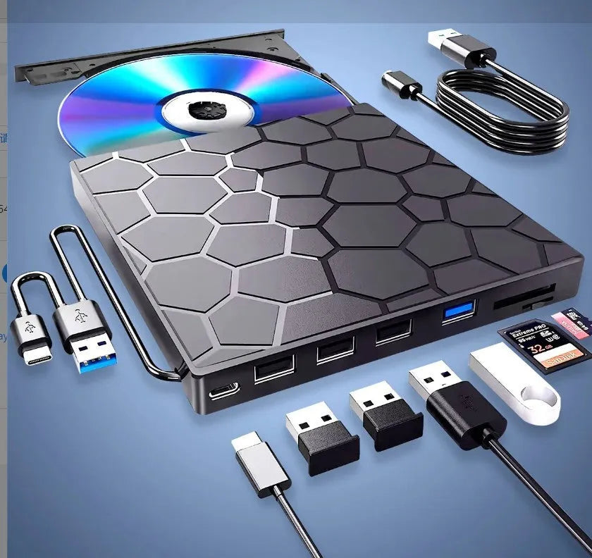 Black USB external CD drive burner with compact dimensions for laptop and PC connectivity