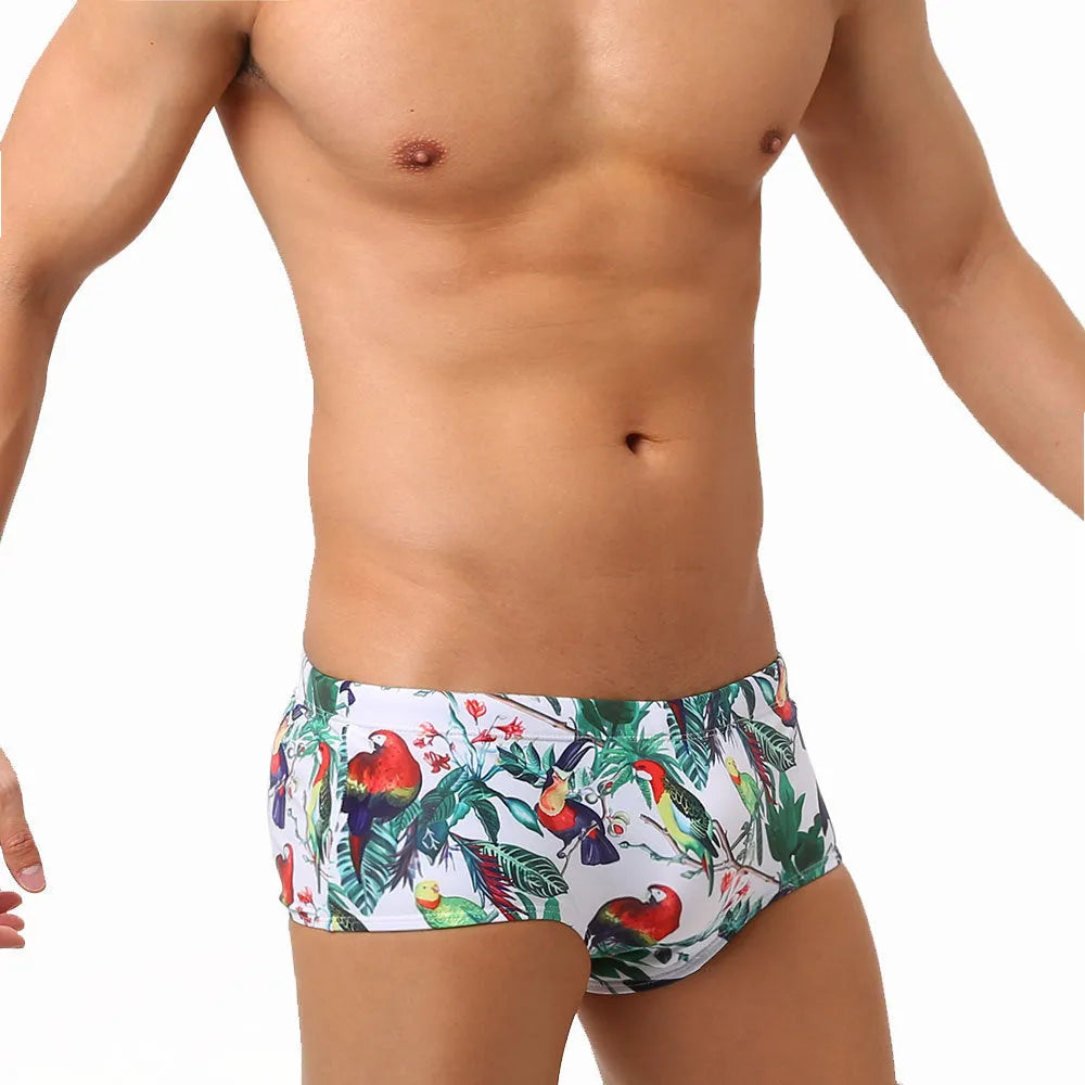 Men's flower-bird print swimming trunks in small boxer style with nylon fabric