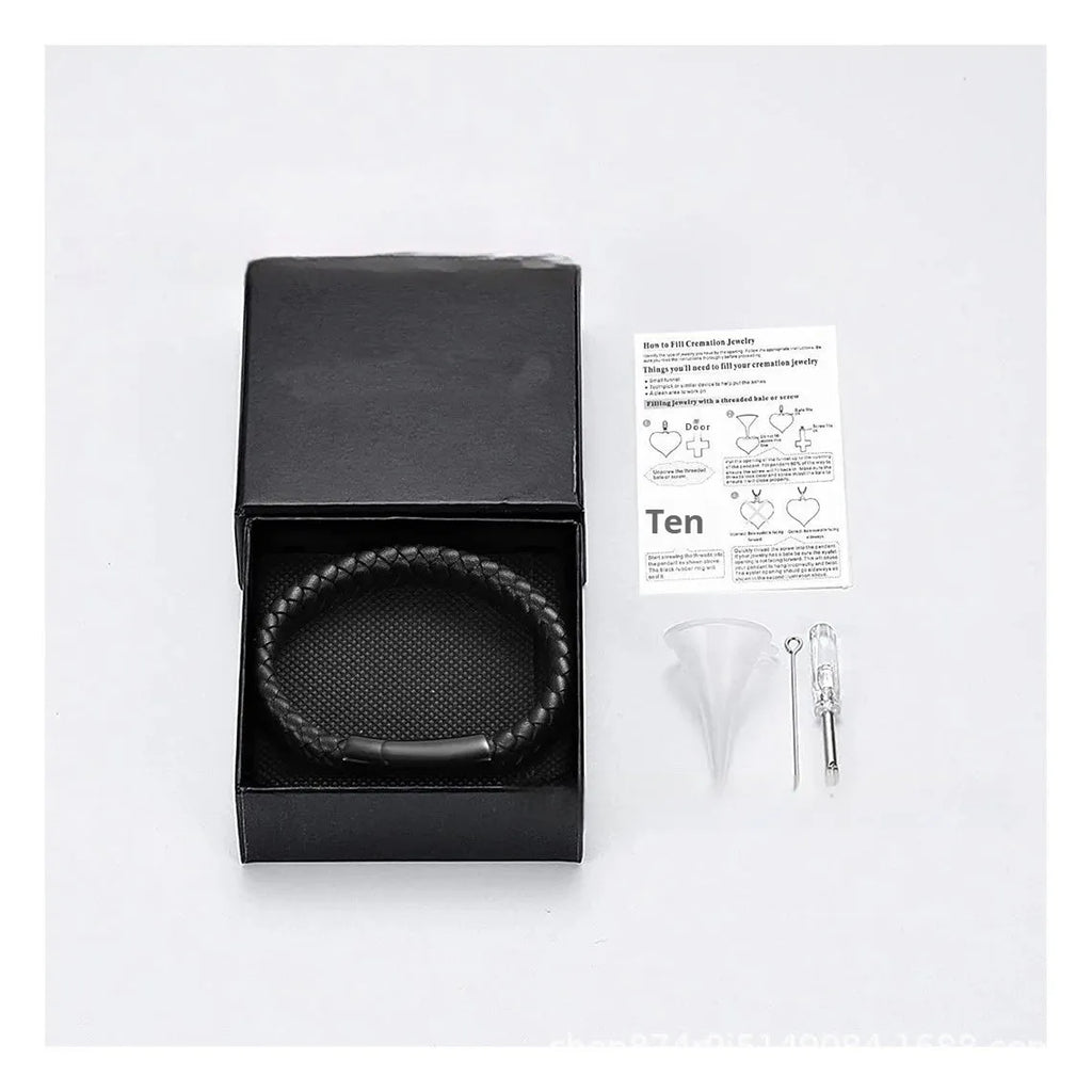 Black leather and stainless steel woven casket bracelet with engraved text in gift box