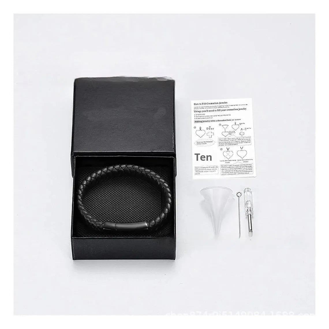 Black leather and stainless steel woven casket bracelet with engraved text in gift box