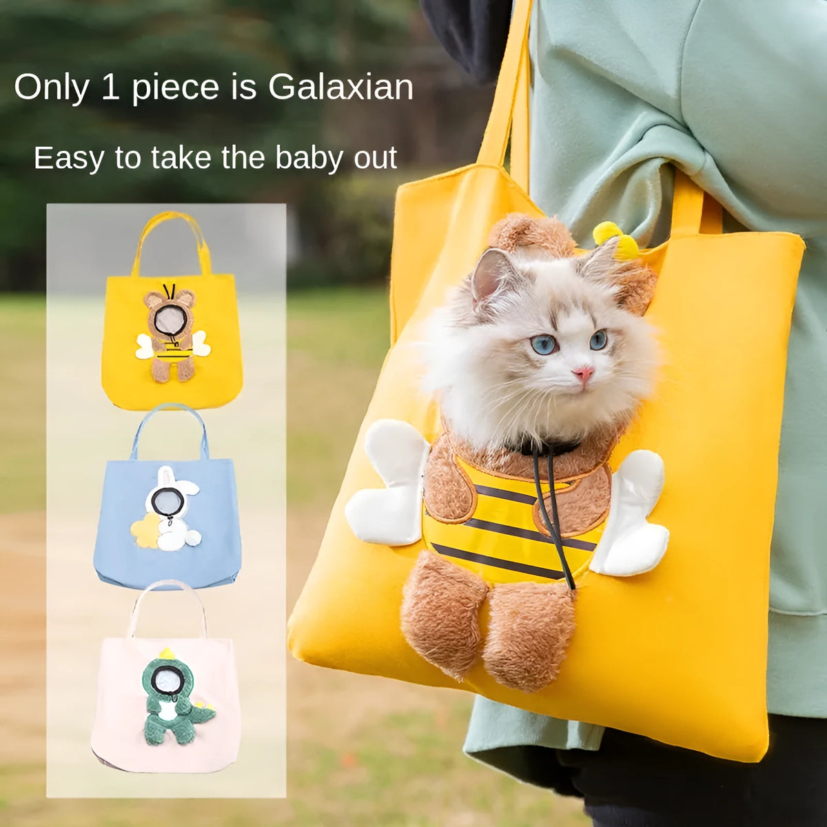 Little Bee Design canvas pet carrier shoulder bag in blue with animal pattern and adjustable side opening.