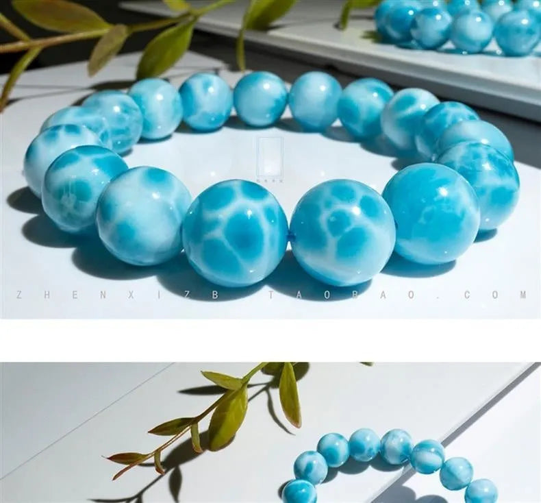 Blue bodhi and pearl bracelet in Maillard style with natural crystal sea-pattern stone.