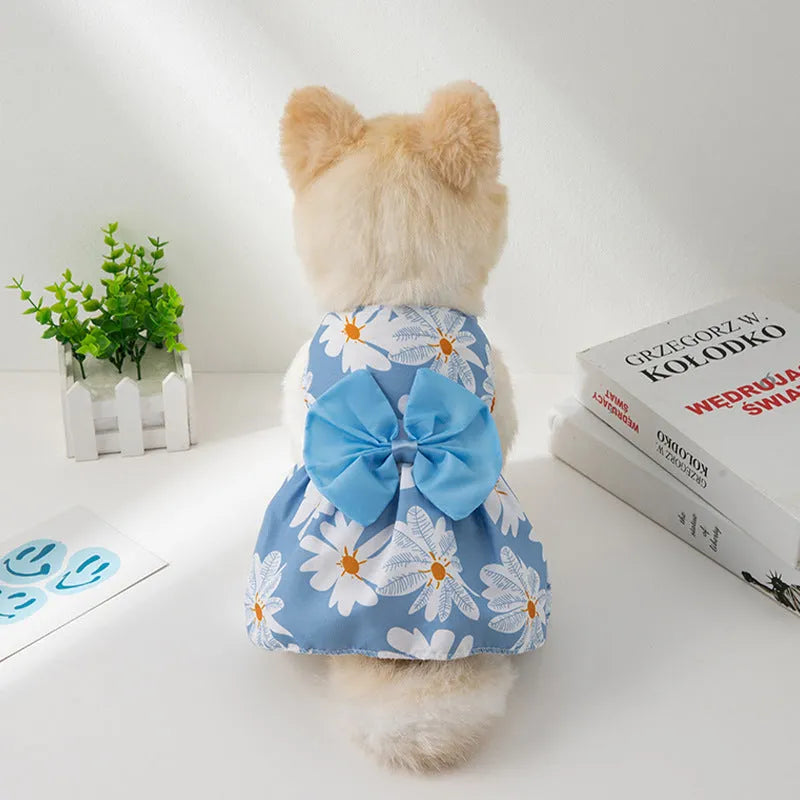 Ultra-thin floral butterfly princess pet dress with bow decoration for dogs and cats