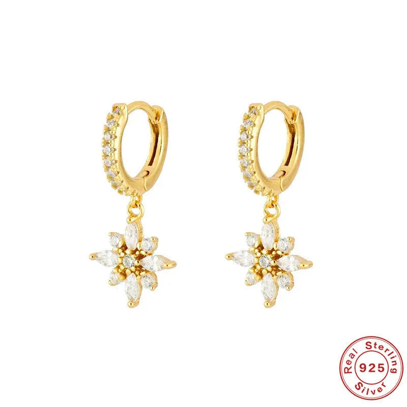S925 sterling silver snowflake pendant earrings with gemstone inlay in yellow gold or white gold colour options