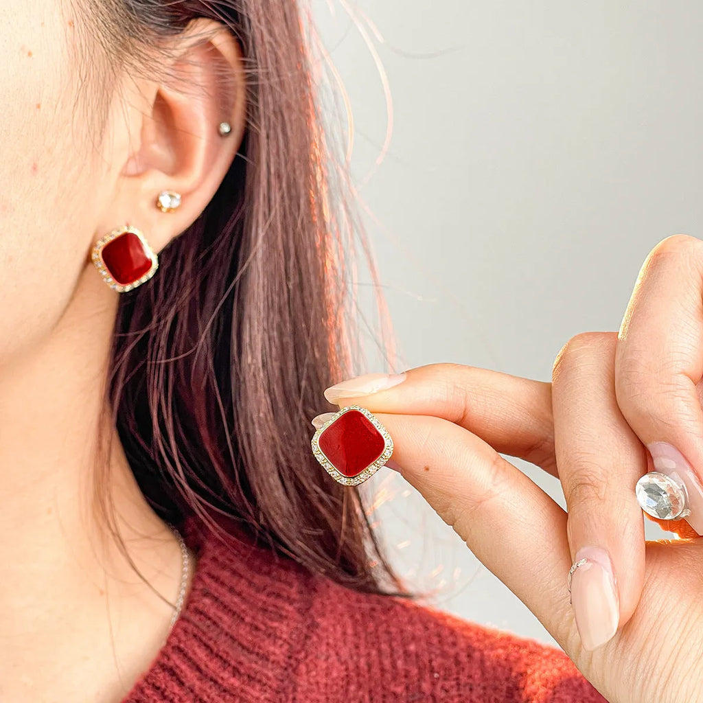 Retro red geometric earrings with square inlaid design on alloy material