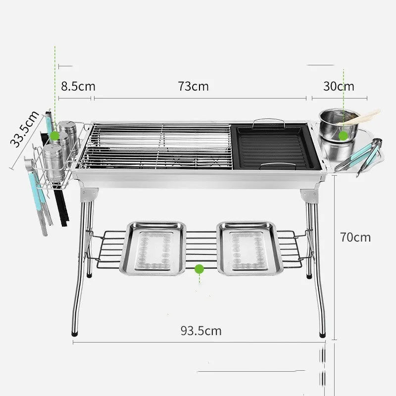 Stainless steel portable folding barbecue oven with charcoal grill, dimensions 73x33.5x70cm.