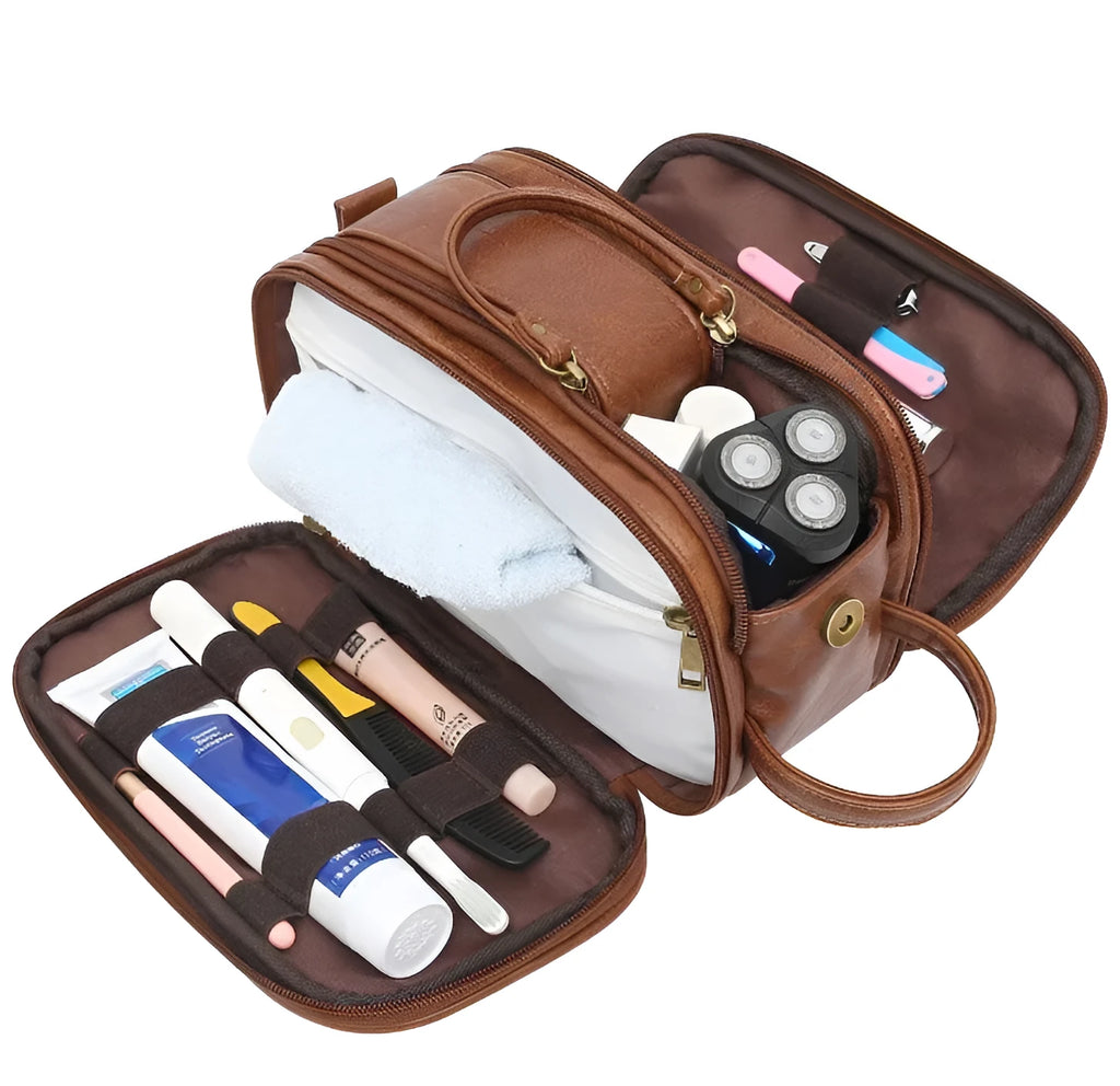 Men's solid colour PU toiletry bag for travel storage and cosmetics, shown in black and brown.