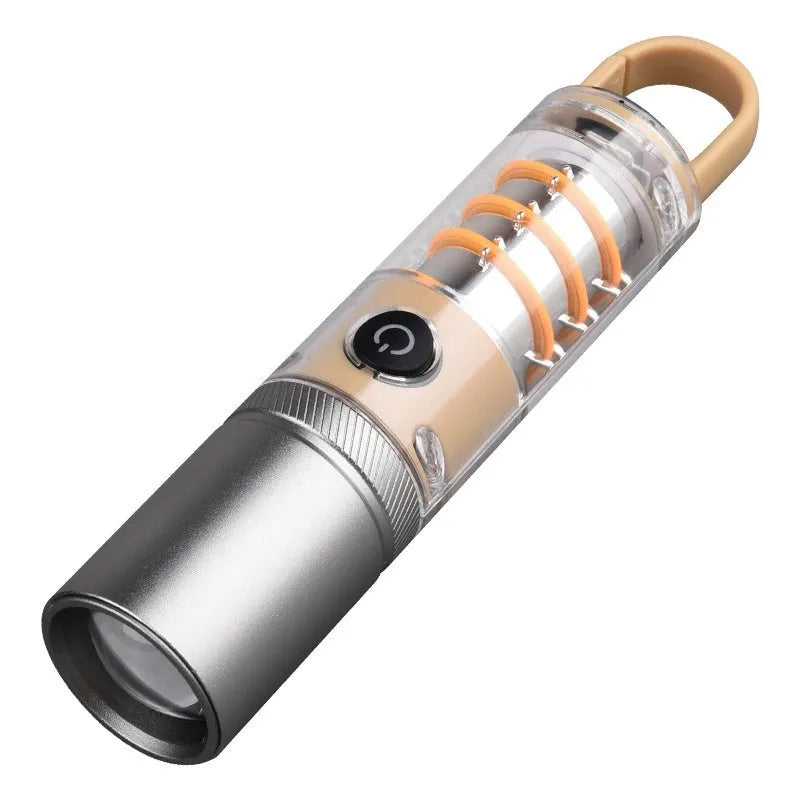 Orange 10W flashlight with hook attachment and optical zoom adjustment
