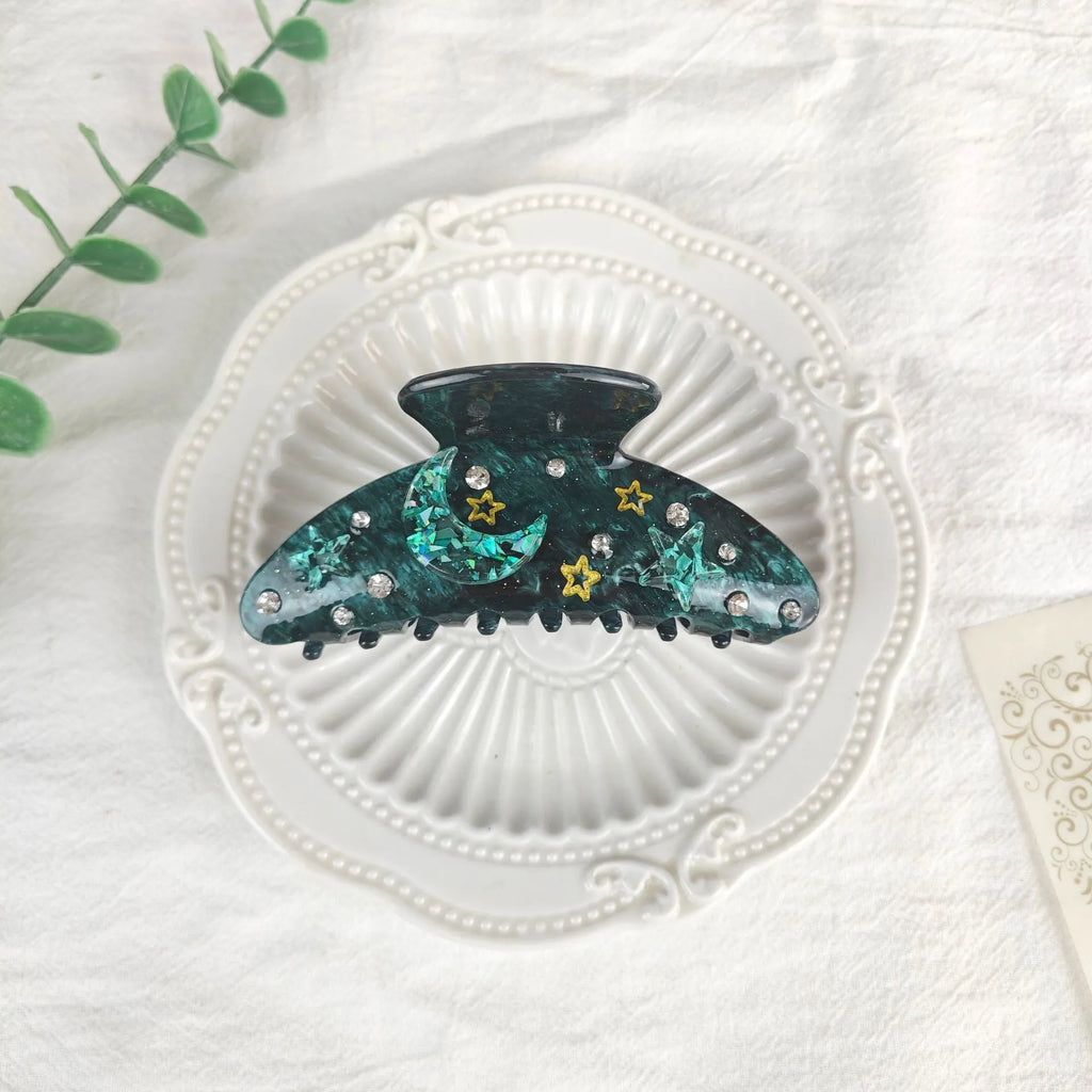 Oversized star moon barrettes hair clip in cellulose acetate with starry sky colour options