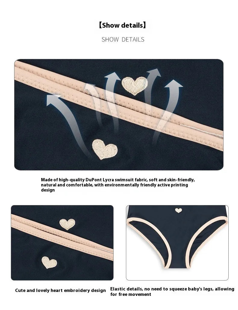 Dark blue split baby swimsuit for girls aged 1-6 years in briefs style with high elasticity construction
