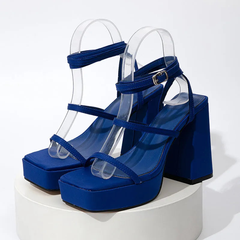 Women's chunky high heel strap sandals with square toe, PU upper, rubber sole, one-line buckle, sizes 34-42.