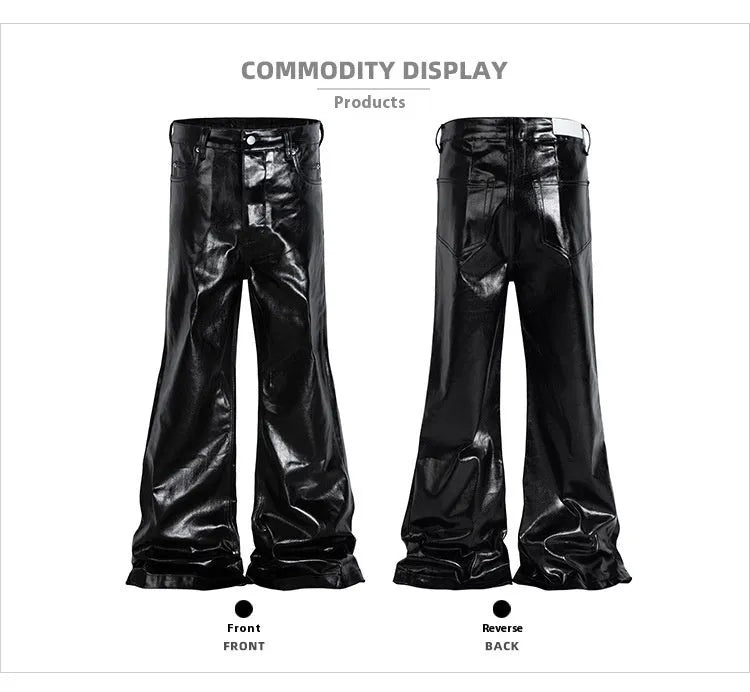 Black shiny patent leather skinny jeans with mid waist and straight leg on a model