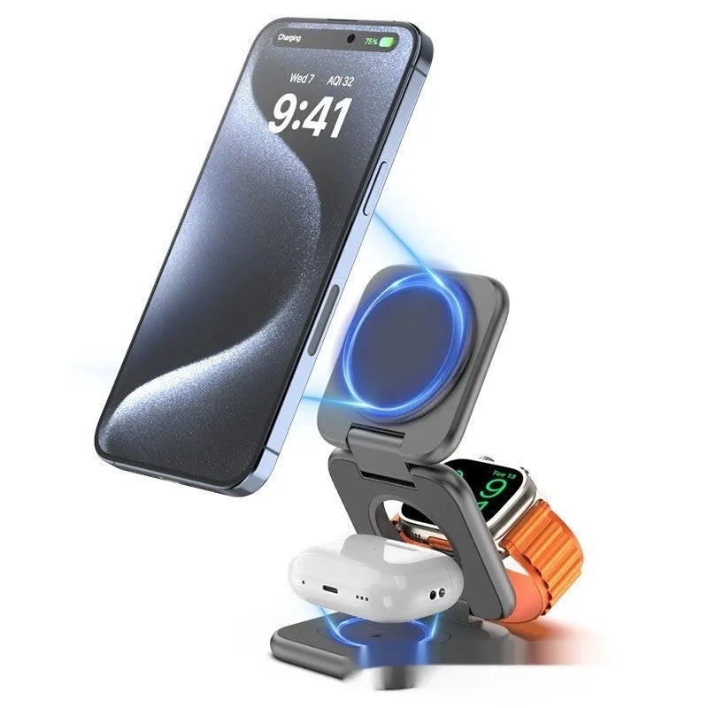 Foldable magnetic wireless charger mobile phone holder in white or black with QC3.0 fast charging