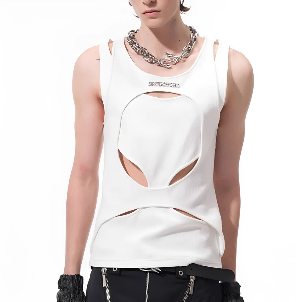 Man wearing a black sleeveless waistcoat with hollow white thread detail and a round neck.