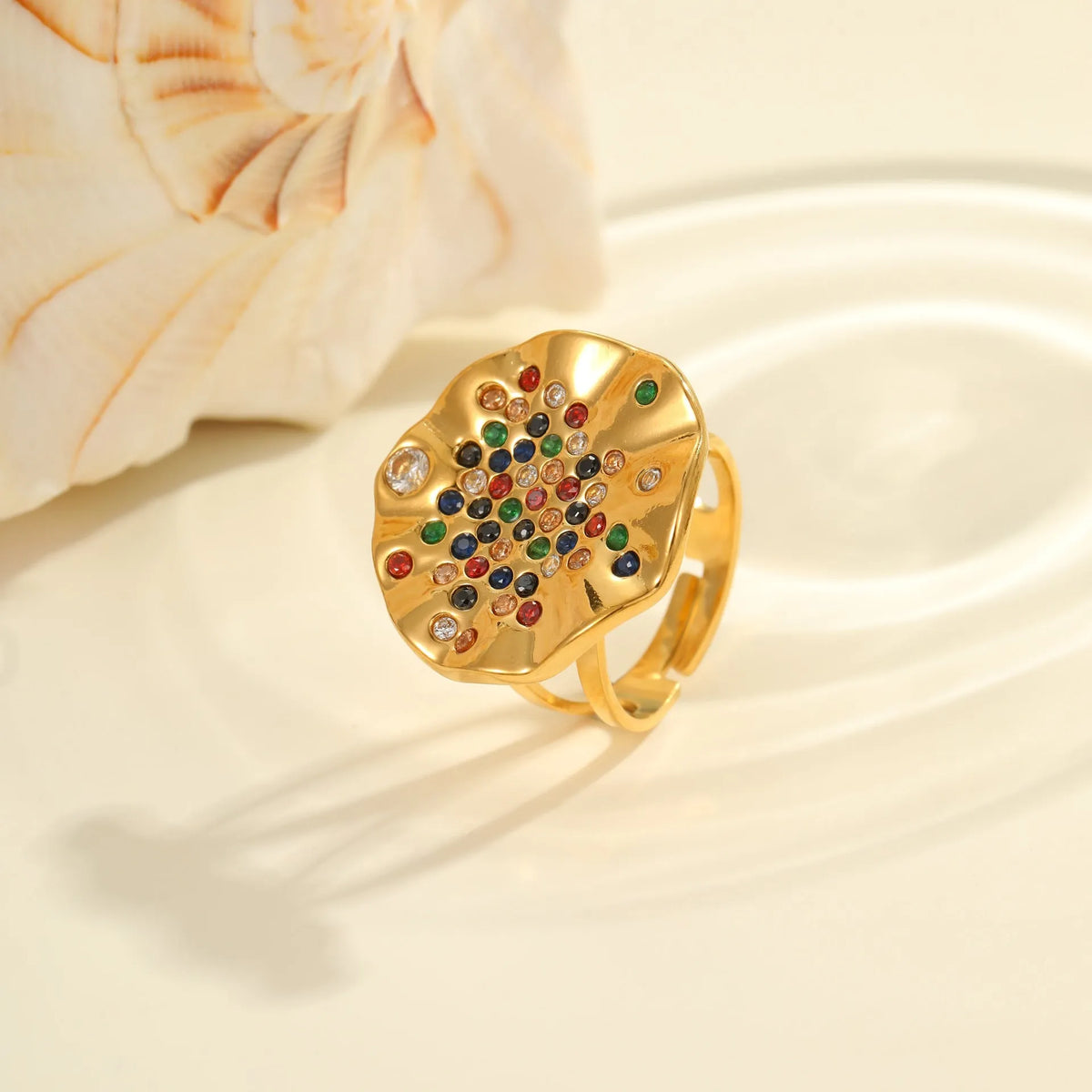 Geometric open mouth stainless steel ring with electroplated colourful crystals or white diamonds