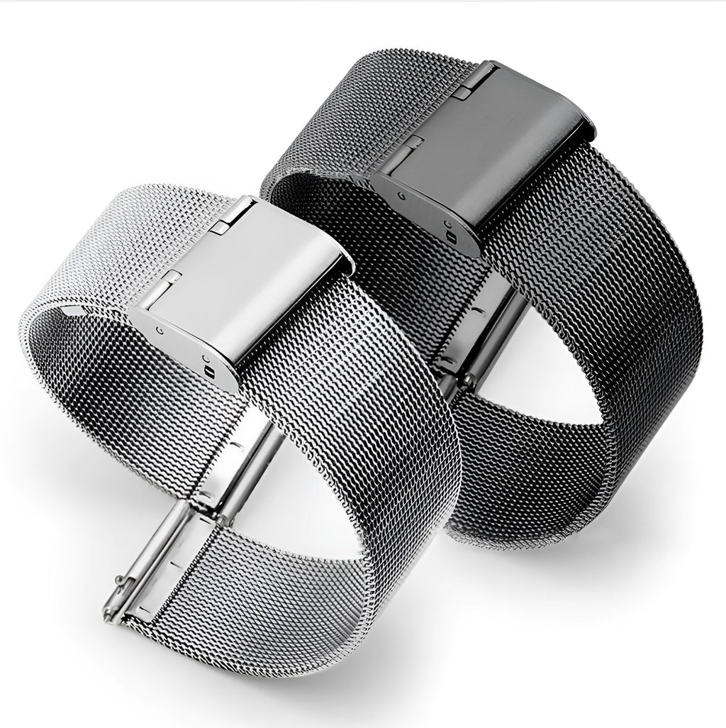 Silk woven stainless steel watch replacement band showing silver, black, rose gold, and gold colour options