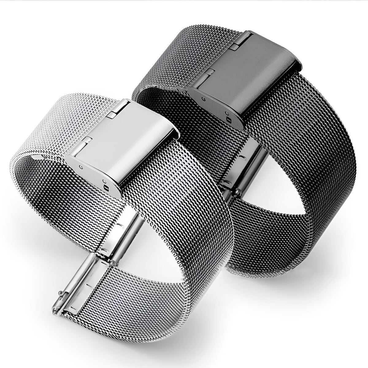 Silk woven stainless steel watch replacement band showing silver, black, rose gold, and gold colour options