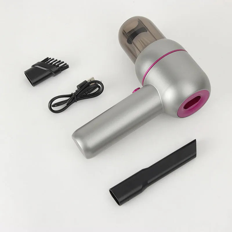 Gray handheld car vacuum cleaner with dust bin and multiple nozzles