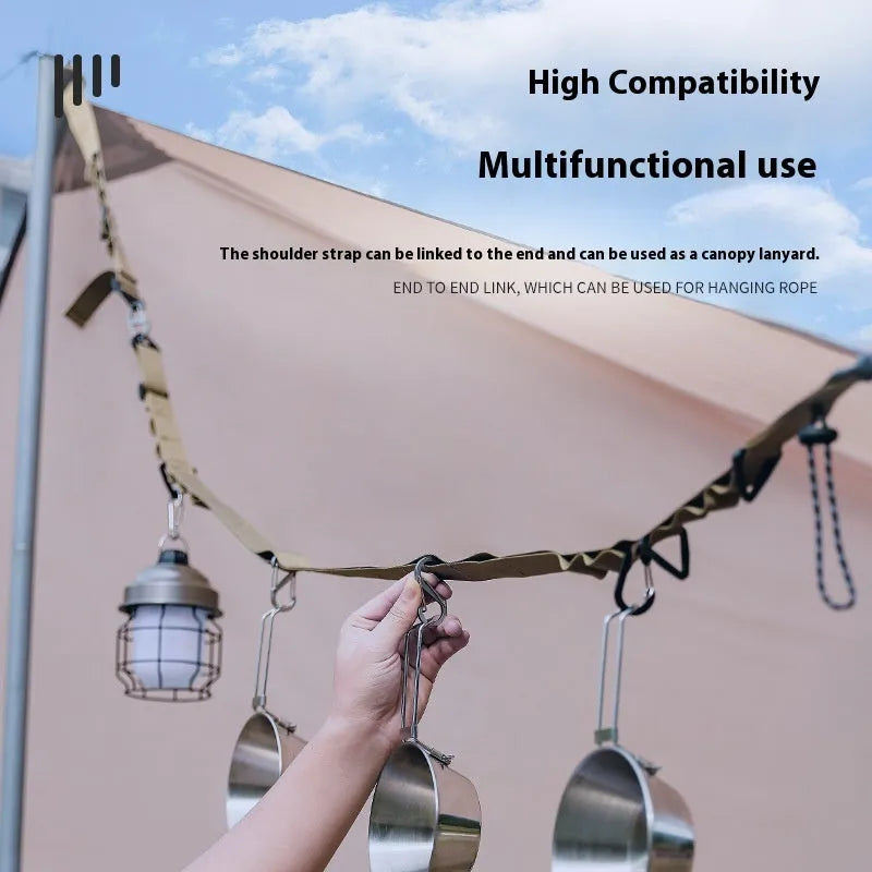 Black adjustable rope clothesline with metal carabiner hooks extended to show full 130cm length.