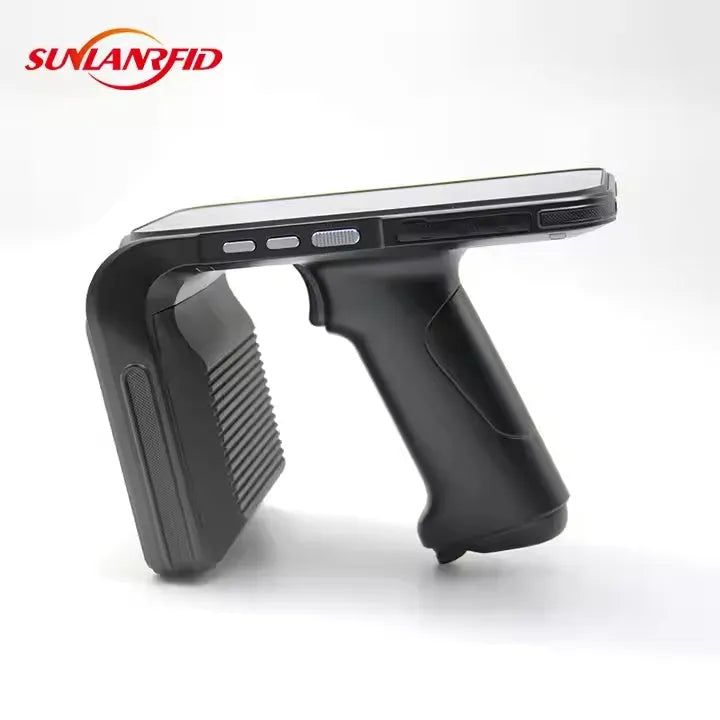 SLP-05 handheld Android UHF RFID reader scanner with integrated display and trigger.