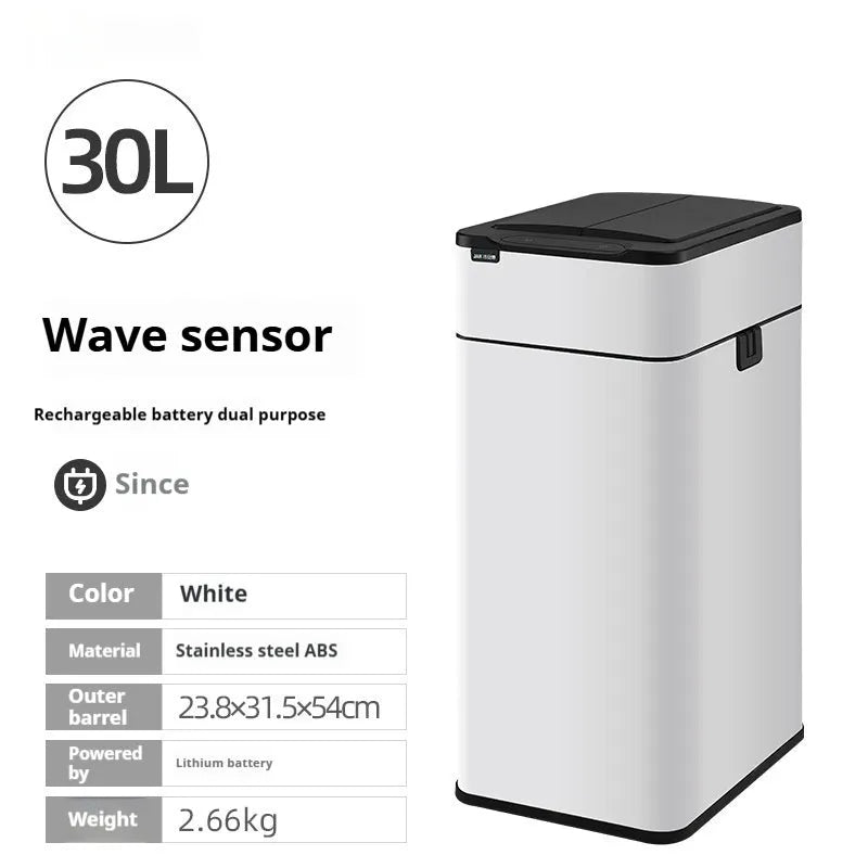 Square stainless steel smart trash can with inductive sensor lid.